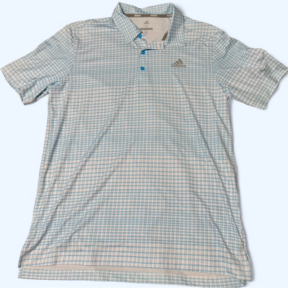 NWT Adidas Golf blue & white plaid polo Men’s Size Medium. Retails $65.